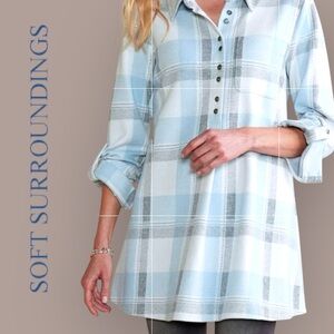 Soft Surroundings Mad About Plaid Cozy Soft Top Roll Up Sleeves Blue Small Tunic